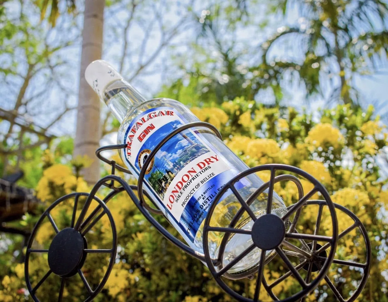 Trafalgar Gin bottles displayed in a decorative garden cart
