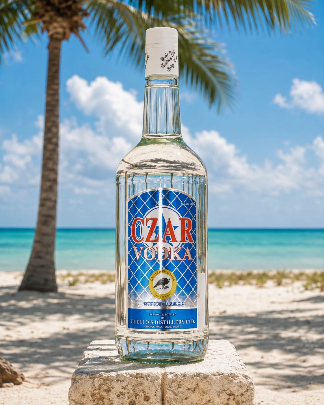 CZAR Vodka bottle photographed on the beach