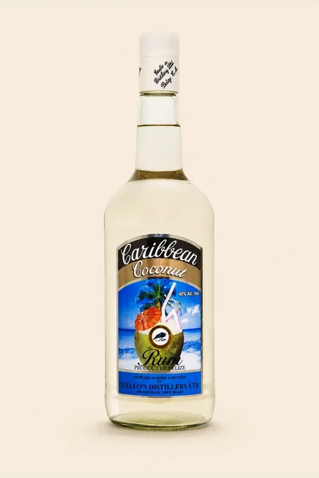 Bottle of Cuello's Caribbean Coconut Rum with blue tropical label