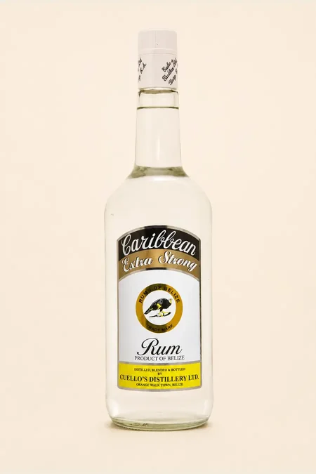 Bottle of Cuello's Caribbean Extra Strong Rum with black and gold label