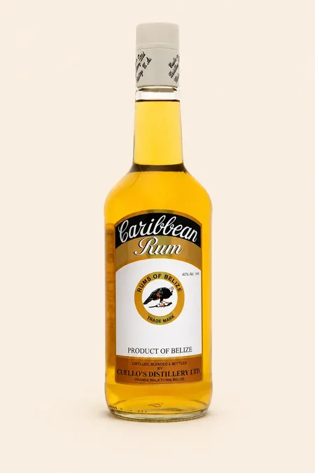 Bottle of Cuello's Caribbean Gold Rum with amber liquid and black and gold label