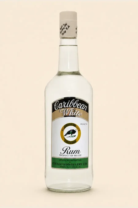 Bottle of Cuello's Caribbean White Rum with black, gold and green label