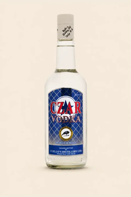 Bottle of CZAR Vodka with blue diamond-grid label