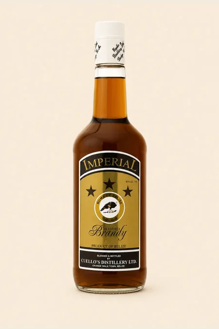 Bottle of Imperial Brandy with black and gold three-star label