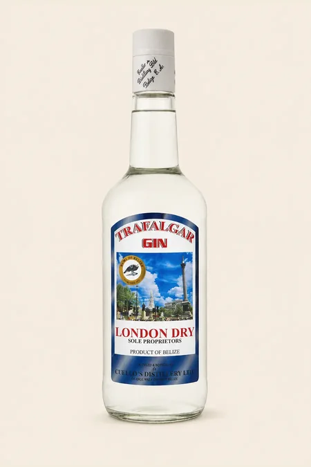 Bottle of Trafalgar Gin with blue Belize-scene label
